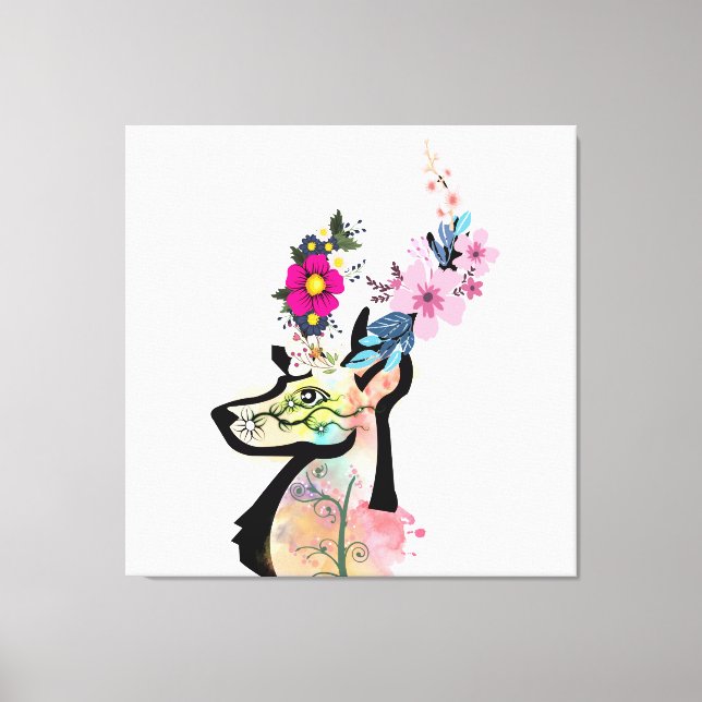 Lienzo Ilustracion Floral Deer Art-Nature y Wildlife (Anverso)