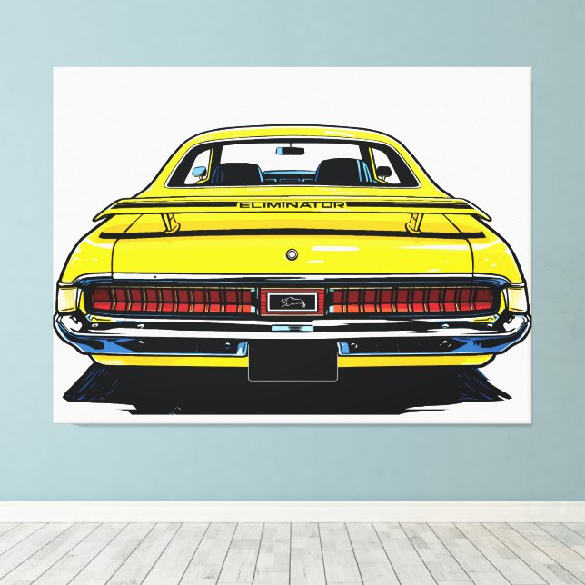 Lienzo Ilustración Pop Art trasera de Muscle Car Amarillo (Insitu (piso de madera))