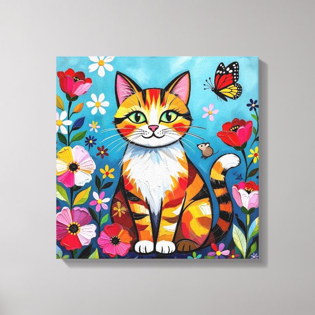 Lienzo Impasto Cat, Flowers & Butterfly (Anverso)