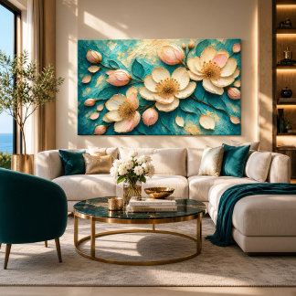 Lienzo Impasto Floral Teal de Lujo con Acentos Dorados