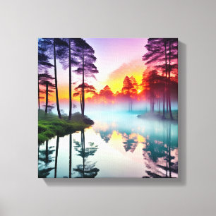 Lienzo Impresionante puesta de sol sobre río forestal
