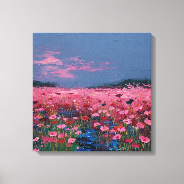 Lienzo Impressionist Pink Poppy Field Textured Canvas Wal (Anverso)