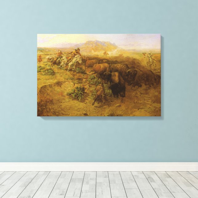 Lienzo Indios antiguos, caza de búfalos por CM Russell (Insitu (piso de madera))