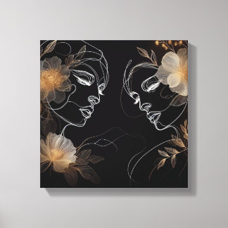 Lienzo Intertwined Feminine Faces with Golden Florals