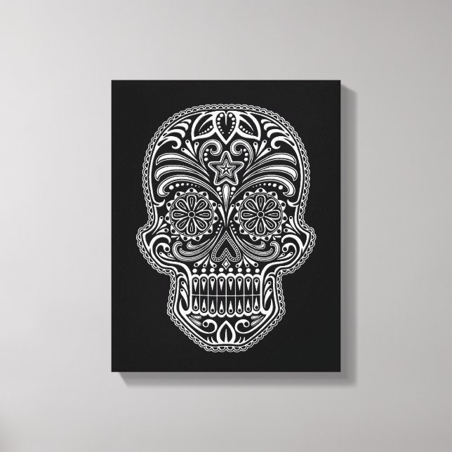 Lienzo Intrincado cráneo de azúcar blanco en negro (Anverso)
