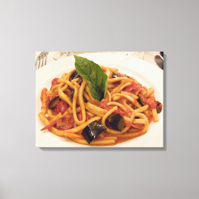 Lienzo Italia, Positano. Platos de pasta y berenjenas. (Anverso)