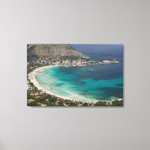 Lienzo Italia, Sicilia, Mondello, Vista de la playa desde