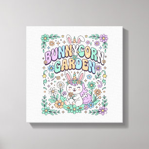 Lienzo Jardín de conejunicornios tipografía Kawaii Diseño