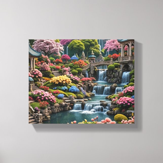 Lienzo Jardín de flores coloridas con cascadas (Anverso)