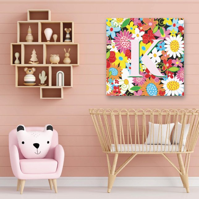 Lienzo Jardín de flores de primavera Monograma caprichoso (Whimsical Colorful Spring Flowers Garden Initial / Monogram Girl's Nursery Canvas Print @ fat_fa_tin)