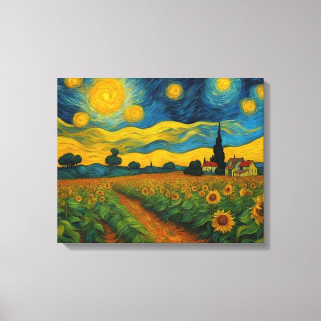 Lienzo Jardín de girasoles en una noche estrellada (Anverso)