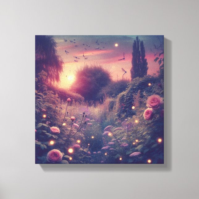 Lienzo Jardín de luciérnagas al atardecer con flores silv (Anverso)