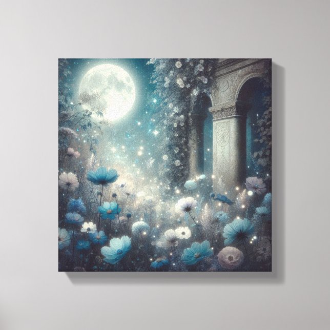 Lienzo Jardín iluminado por la luna con flores celestiale (Anverso)
