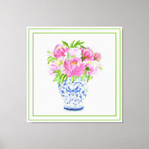 Lienzo Jarrón Chinoiserie Peonías Rosadas con Borde Verde