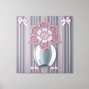 Lienzo Jarrón de flores de encaje y lazo rosa pastel