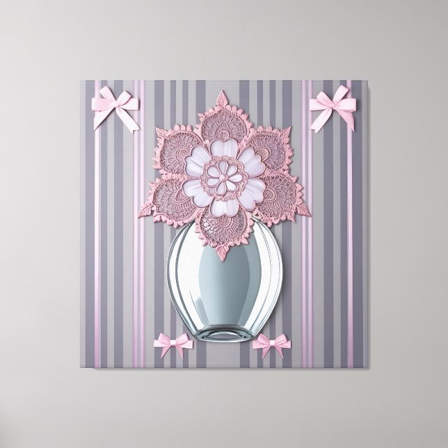Lienzo Jarrón de flores de encaje y lazo rosa pastel (Anverso)