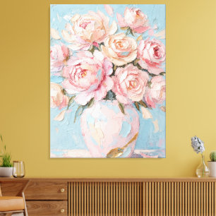 Lienzo Jarrón de rosas rosadas pintura al óleo impasto ar