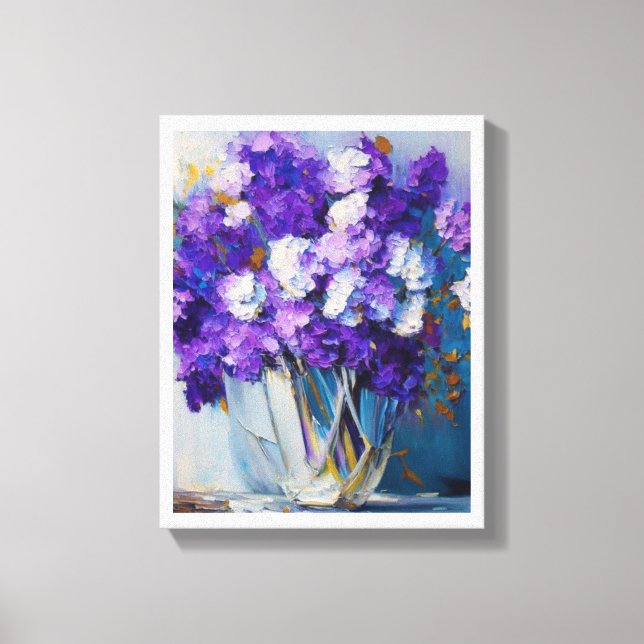Lienzo Jarrón de vidrio antiguo de flores púrpuras (Anverso)