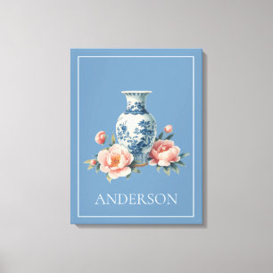 Lienzo Jarrón Floral de Chinoisería Azul Claro 