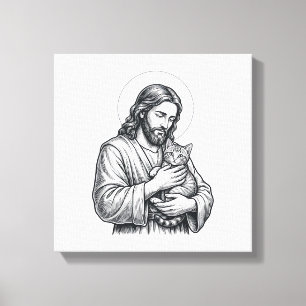 Lienzo Jesús Antiguo Sosteniendo Grabado de Gato Gráfico_