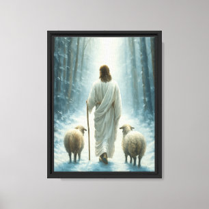 Lienzo Jesús caminando con ovejas en luz invernal