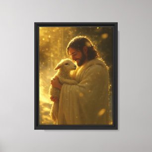 Lienzo Jesús con Cordero en Luz Dorada Espiritual