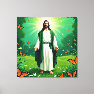 Lienzo Jesús en un jardín rodeado de mariposas