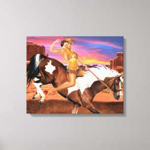 LIENZO JINETE DE BRONCO VAQUERA