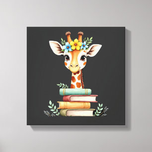 Lienzo Jirafa Linda Con Libro Floral Bookworm Bibliotecar