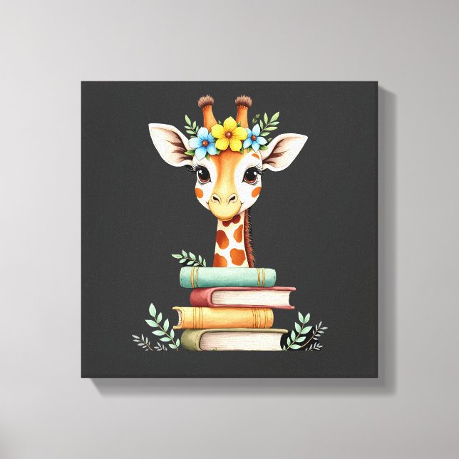 Lienzo Jirafa Linda Con Libro Floral Bookworm Bibliotecar (Anverso)