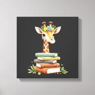 Lienzo Jirafa Linda Con Libro Floral Bookworm Bibliotecar