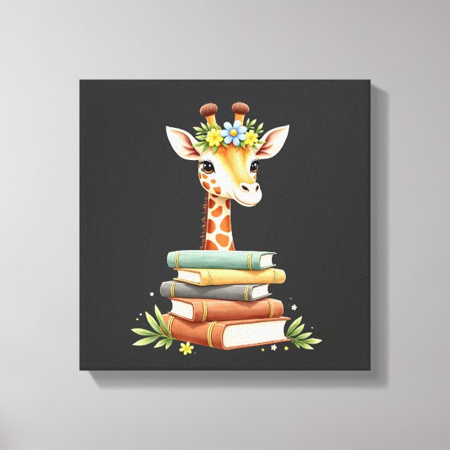 Lienzo Jirafa Linda Con Libro Floral Bookworm Bibliotecar (Anverso)