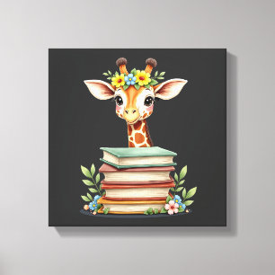 Lienzo Jirafa Linda Con Libro Floral Bookworm Bibliotecar