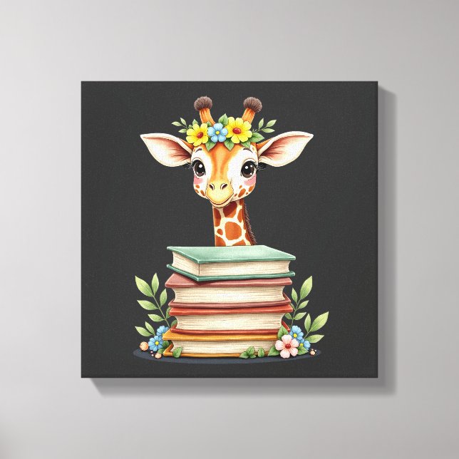 Lienzo Jirafa Linda Con Libro Floral Bookworm Bibliotecar (Anverso)