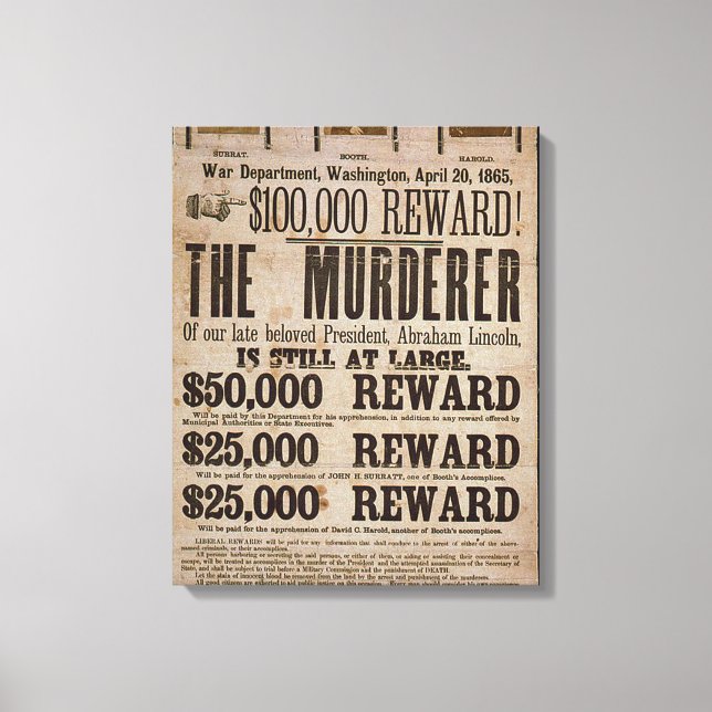 Lienzo John Wilkes Booth Wanted poster Abe lincoln killin (Anverso)