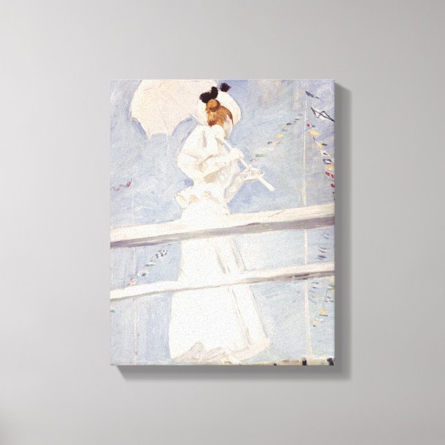 Lienzo Joven con una sombrilla en un espigón (Anverso)