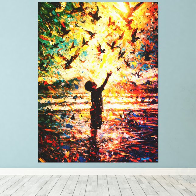 Lienzo Joyful Child Playing with Birds Sunrise Water (Insitu (piso de madera))