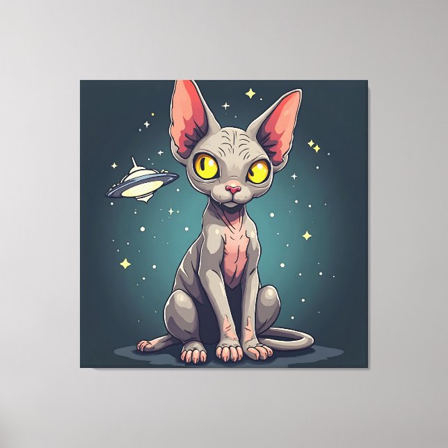 Lienzo Judging Sphynx Cat UFO Space Cartoon Art (Anverso)