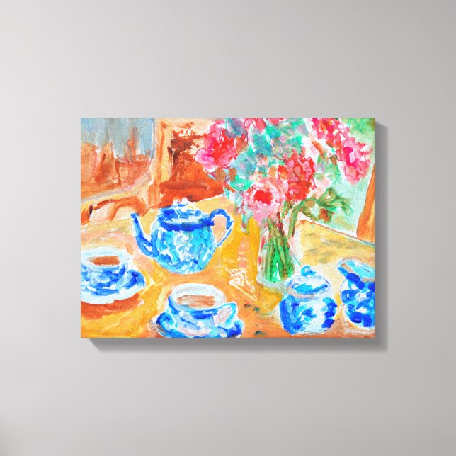 Lienzo Juego de té azul con flores rojas (Anverso)