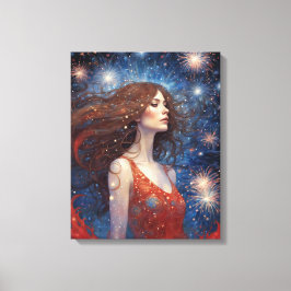 Lienzo Julio Fuegos artificiales Mujer Con Vestido Rojo C