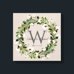 Lienzo Keepske Boda del monograma de la línea roja rusa<br><div class="desc">Boda personalizado. Este elegante y rústico diseño de lino digital envuelve el arte de la pared con un fondo de textura de lino beige con una bella coloración acuarela y una corona de algodón que enmarcan el clásico monograma gris oscuro inicial. Los primeros nombres de la pareja se escriben sobre...</div>