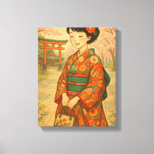 Lienzo Kimono japonés y flores de cerezo