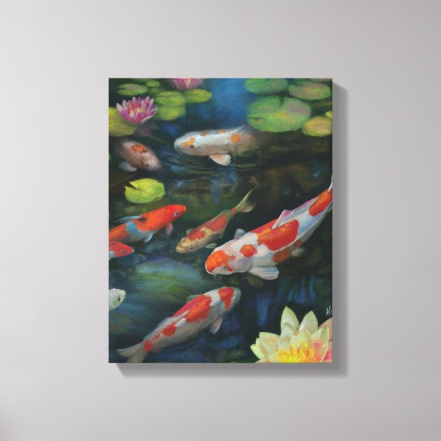 Lienzo Koi Pescado Natación Lotus Flor Pond Zen Pintura (Anverso)