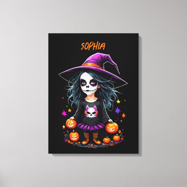 Lienzo La adorable bruja de Halloween de Kawaii (Anverso)