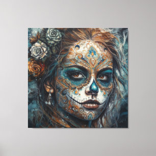 Lienzo La Catrina Azul Día de los Muertos Cráneo de Azúca
