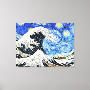 Lienzo La gran ola frente a Kanagawa en noche estrellada