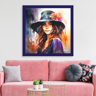 Lienzo La mujer del sombrero: Retrato de gracia vibrante