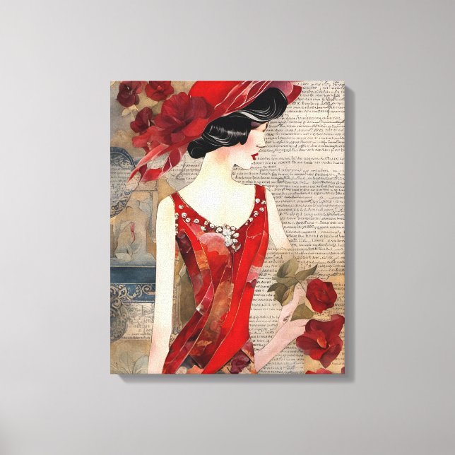 Lienzo La mujer en un collage de vestidos rojos (Anverso)