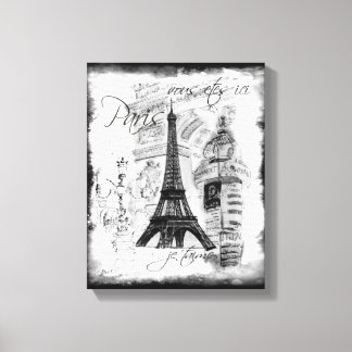 Lienzo La Torre Eiffel de París Escena de Collage en blan
