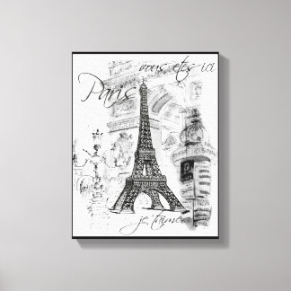 Lienzo La Torre Eiffel de París Escena de Collage en blan
